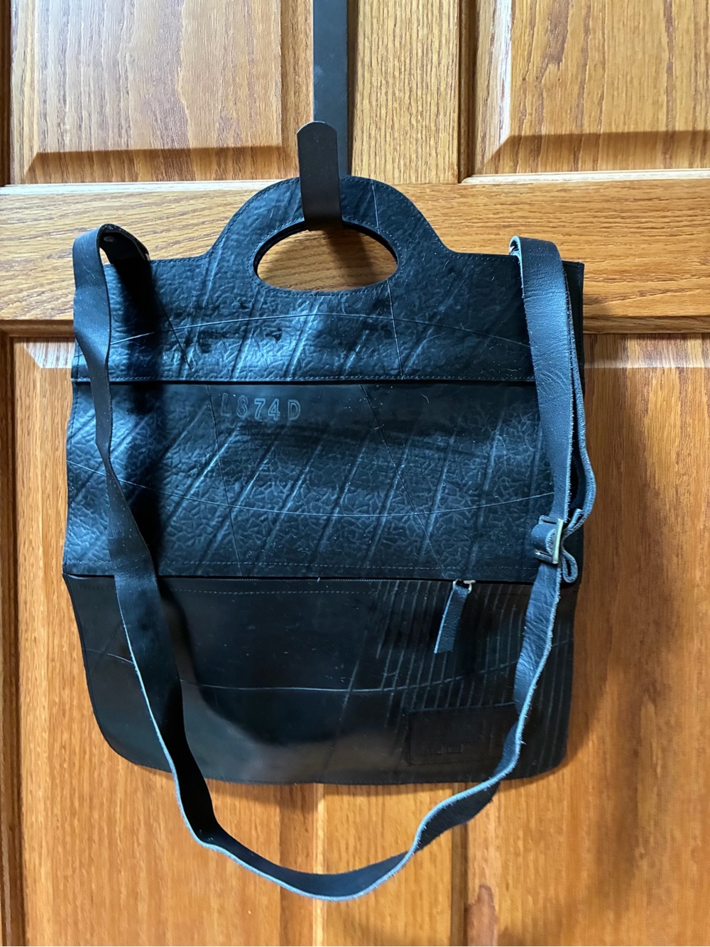 Black Rubber Messenger Bag with Top Handle -UPCYCLED